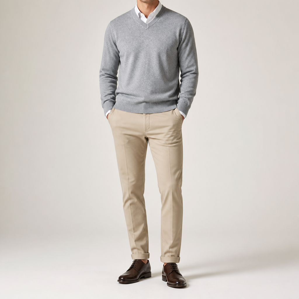 Weston | Mens V Neck Sweater Loose Fit Knitted Pullover, Light Grey 2