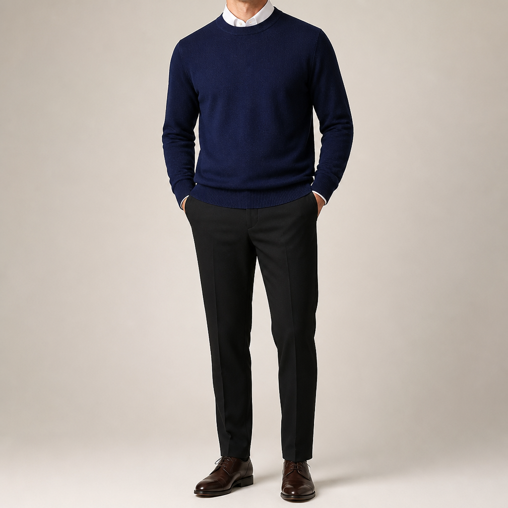 Weston | Mens V Neck Sweater Loose Fit Knitted Pullover, Navy Blue