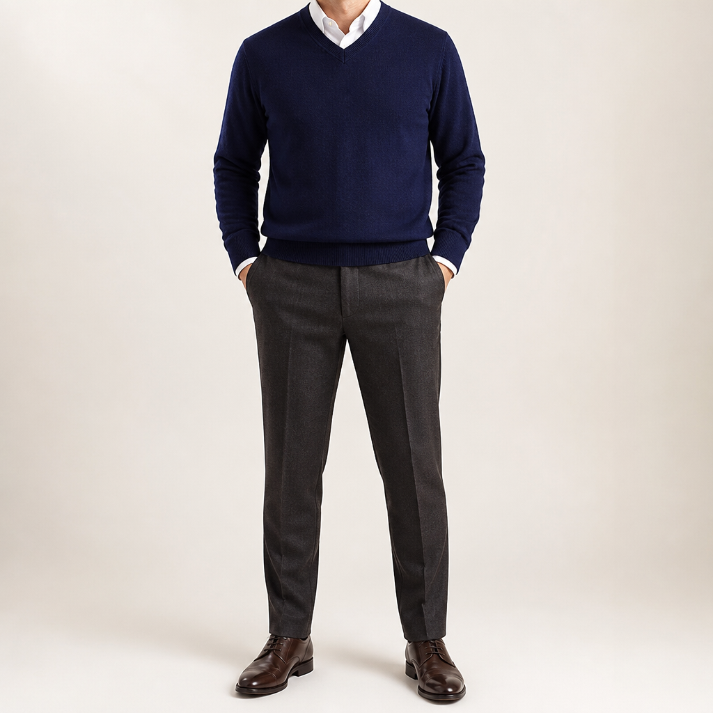 Weston | Mens V Neck Sweater Loose Fit Knitted Pullover, Navy Blue 2