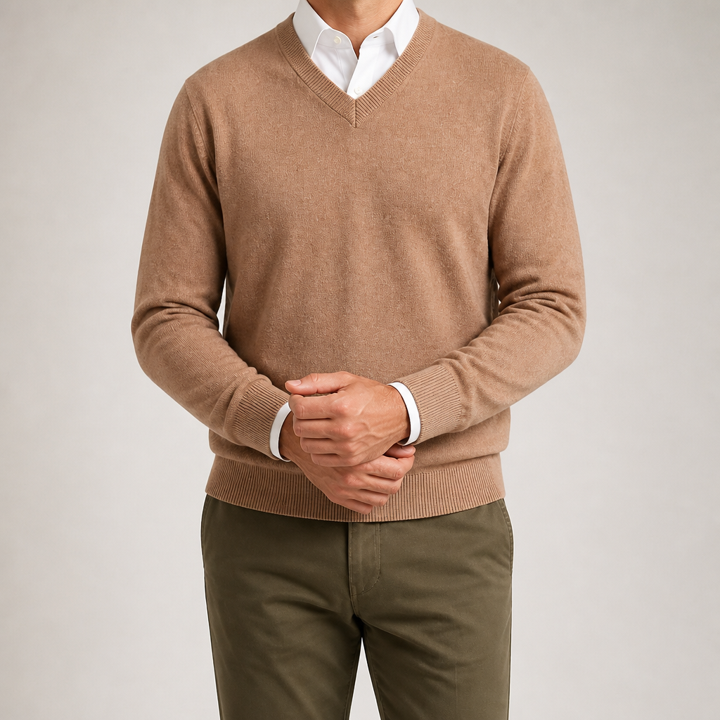 Weston | Mens V Neck Sweater Loose Fit Knitted Pullover, Khaki 2