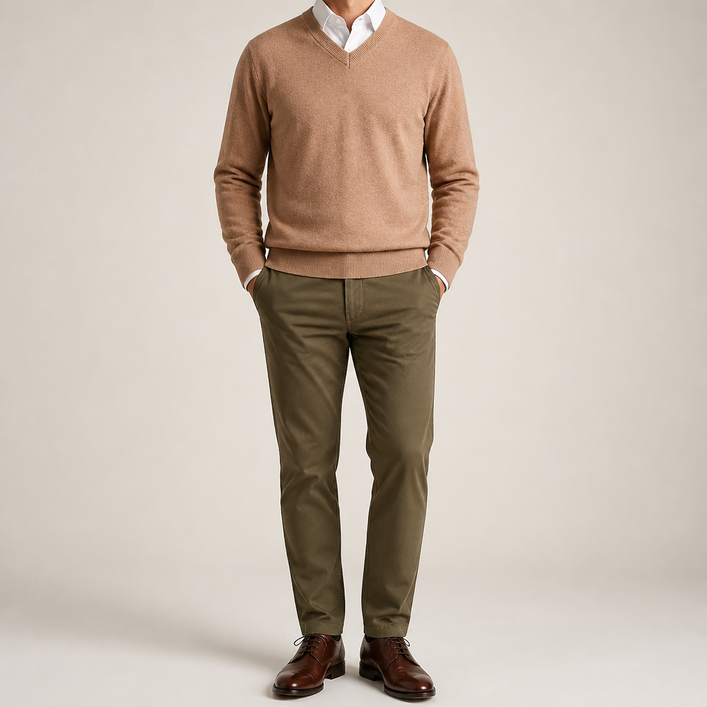 Weston | Mens V Neck Sweater Loose Fit Knitted Pullover, Khaki 2