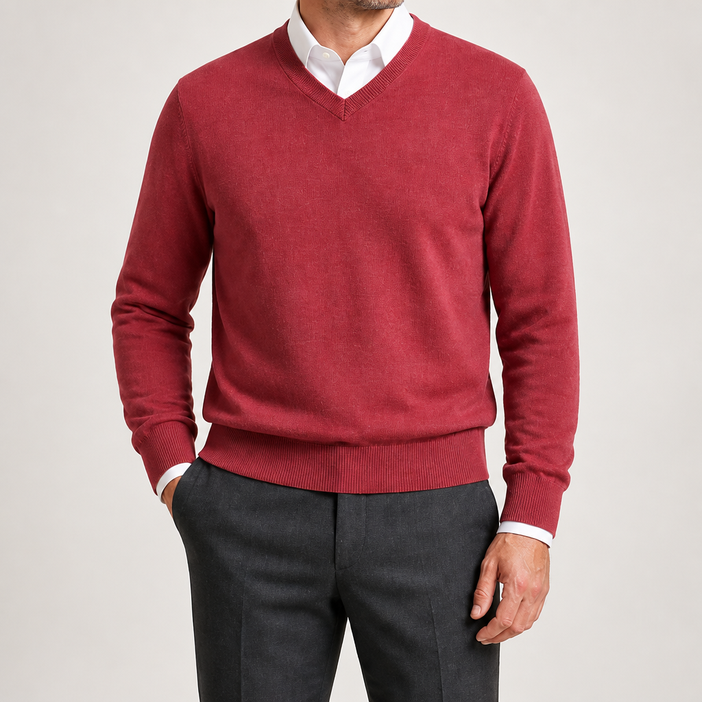Weston | Mens V Neck Sweater Loose Fit Knitted Pullover, Red