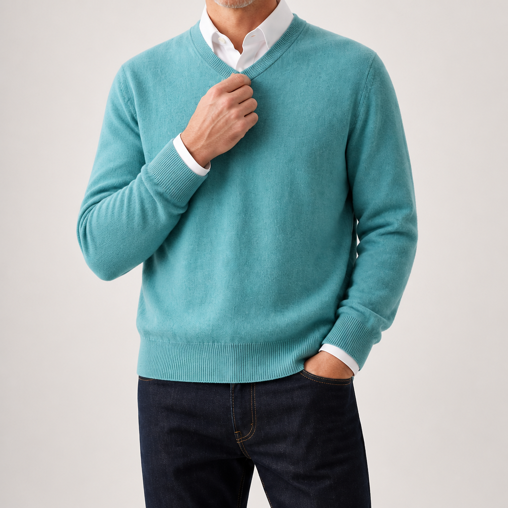 Weston | Mens V Neck Sweater Loose Fit Knitted Pullover, Green 2