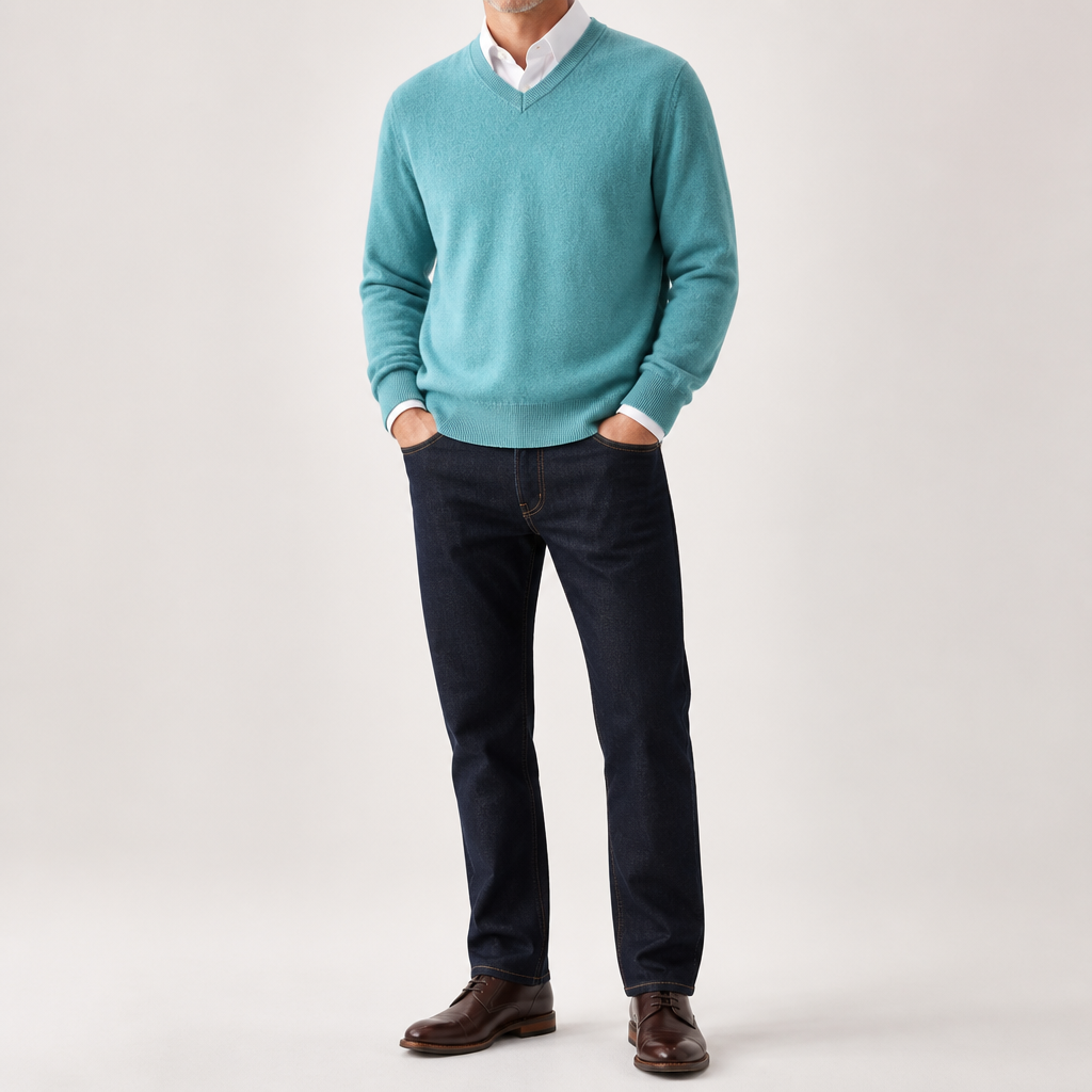 Weston | Mens V Neck Sweater Loose Fit Knitted Pullover, Green 2
