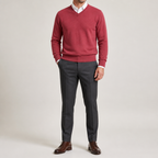 Weston | Mens V Neck Sweater Loose Fit Knitted Pullover, Red