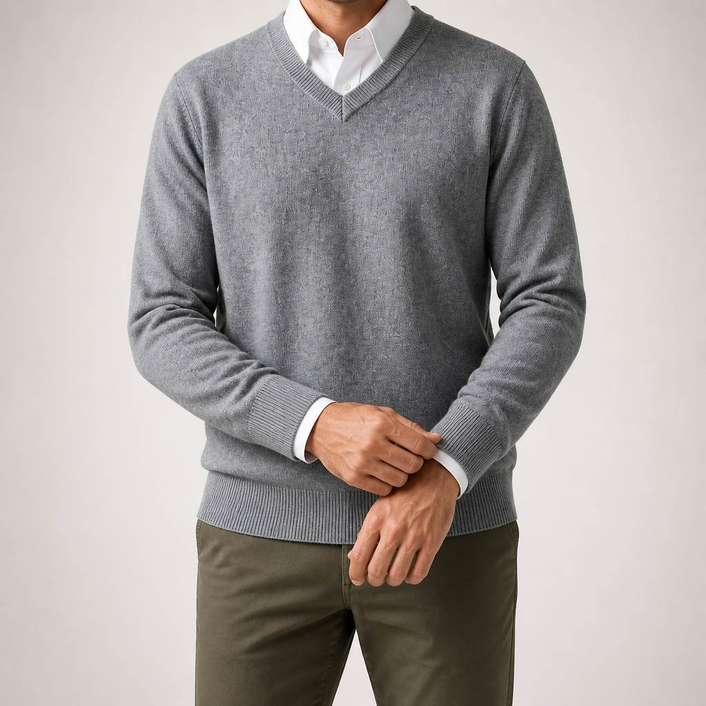 Weston | Mens V Neck Sweater Loose Fit Knitted Pullover, Grey 2