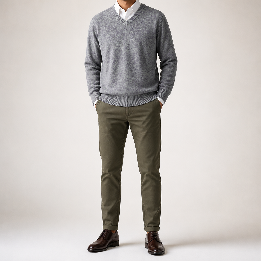 Weston | Mens V Neck Sweater Loose Fit Knitted Pullover, Grey 2
