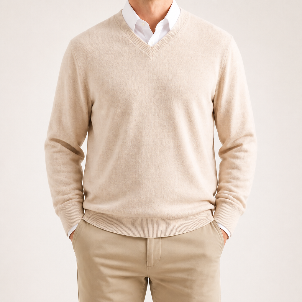Weston | Mens V Neck Sweater Loose Fit Knitted Pullover, Beige 2