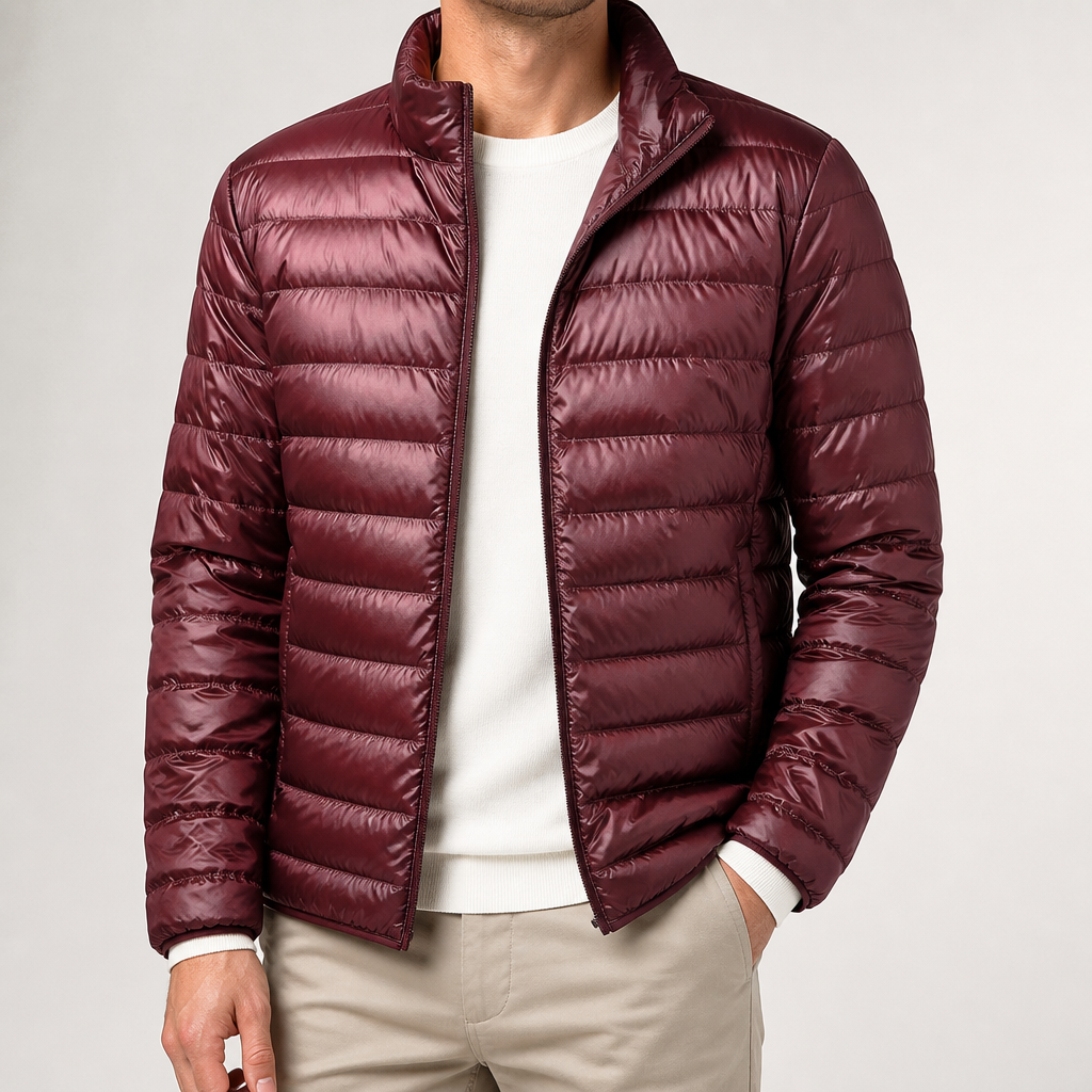 Whit | Mens Lightweight Quilted Hooded Winter Puffer Jacket, Wine Red