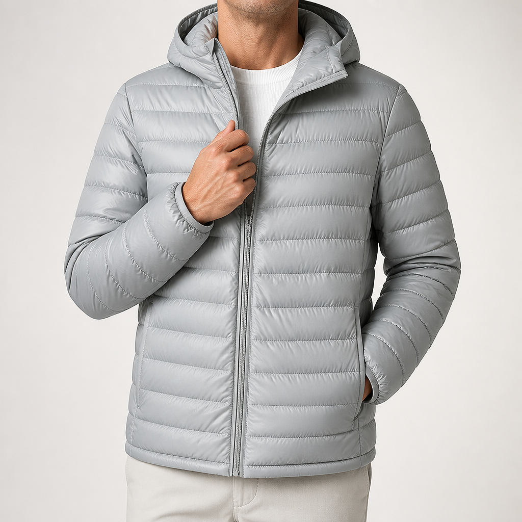 Whit | Mens Lightweight Quilted Hooded Winter Puffer Jacket, Grey Hooded