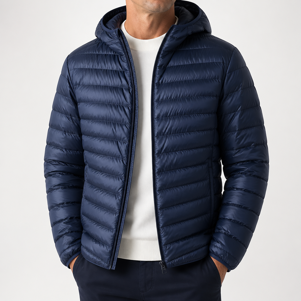Whit | Mens Lightweight Quilted Hooded Winter Puffer Jacket, Navy Blue Hooded