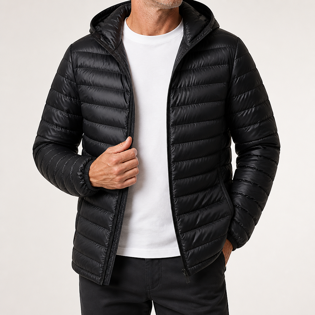 Whit | Mens Lightweight Quilted Hooded Winter Puffer Jacket, Black Hooded