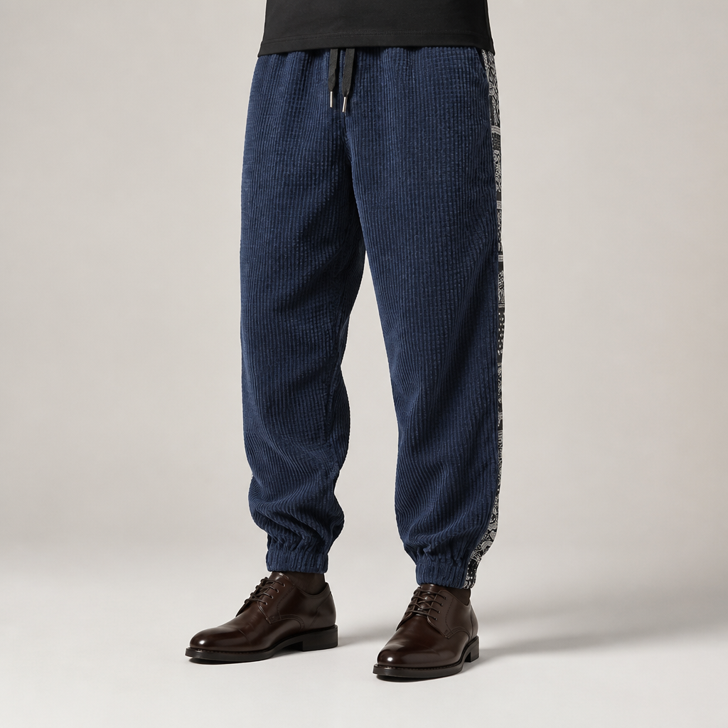 Wiley | Mens Corduroy Straight Leg Loose Casual Patchwork Pants, Navy