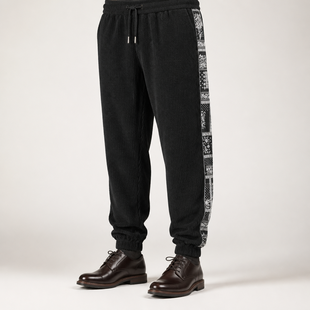 Wiley | Mens Corduroy Straight Leg Loose Casual Patchwork Pants, Black