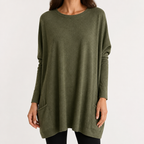 Wilhelmina | Womens Bat Sleeve Long Cotton Pocket Base Top, Army Green