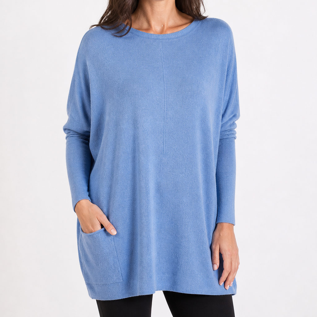 Wilhelmina | Womens Bat Sleeve Long Cotton Pocket Base Top, Blue 2