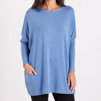 Wilhelmina | Womens Bat Sleeve Long Cotton Pocket Base Top, Blue 2