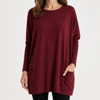 Wilhelmina | Womens Bat Sleeve Long Cotton Pocket Base Top, Burgundy