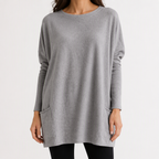 Wilhelmina | Womens Bat Sleeve Long Cotton Pocket Base Top, Grey
