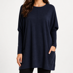 Wilhelmina | Womens Bat Sleeve Long Cotton Pocket Base Top, Navy Blue