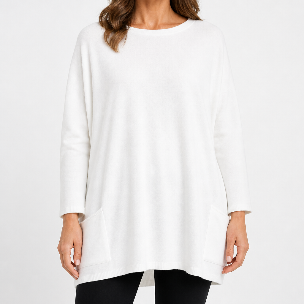 Wilhelmina | Womens Bat Sleeve Long Cotton Pocket Base Top, White