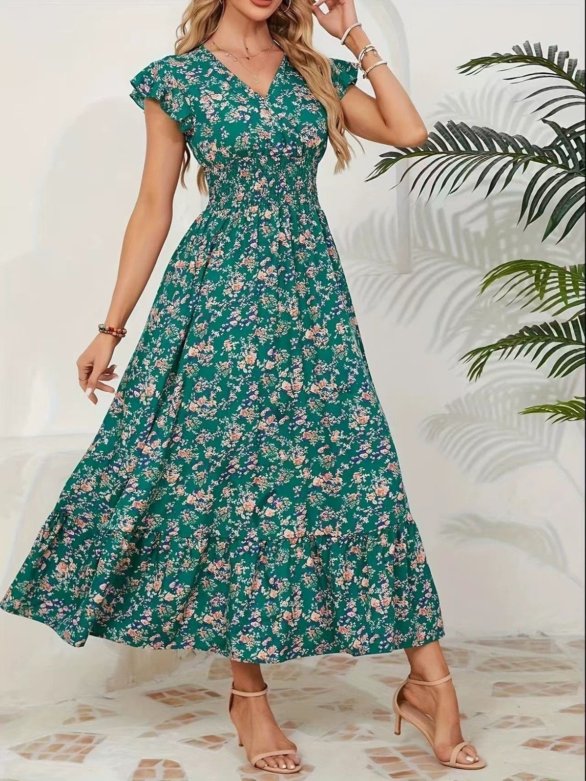 Willa | Womens Floral V Neck A Line Maxi Dress Wedding Wrap Guest - Green