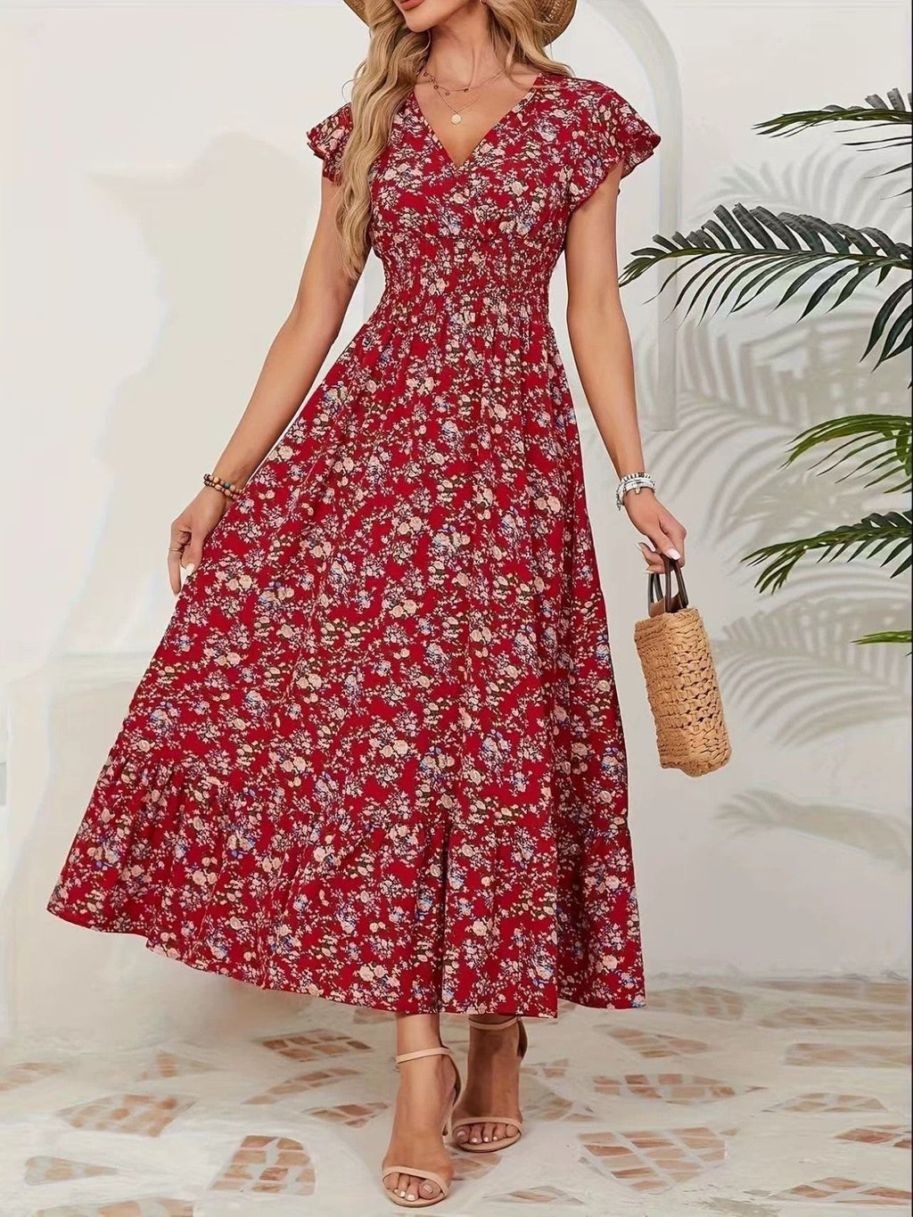 Willa | Womens Floral V Neck A Line Maxi Dress Wedding Wrap Guest - Red