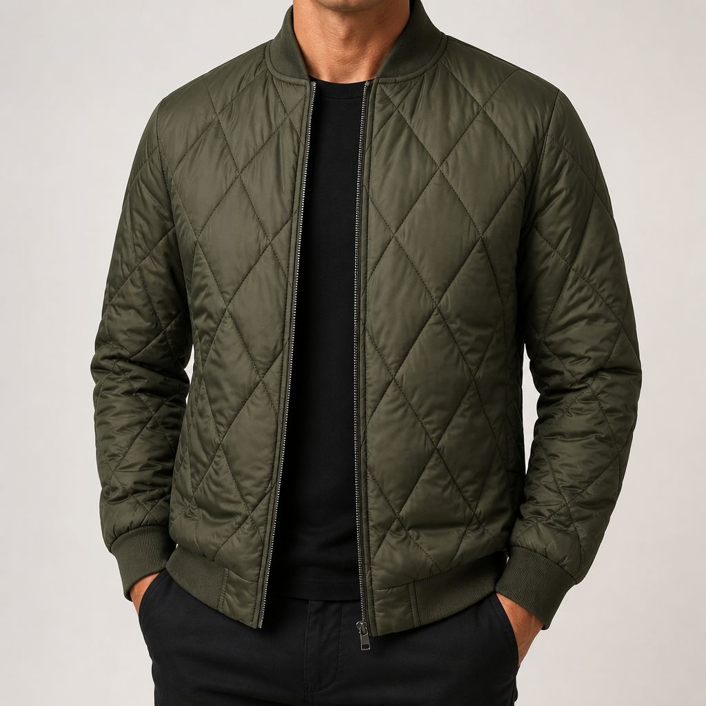 Willis | Mens Diamond Quilted Padded Warm Winter Bomber Jacket, Army Green