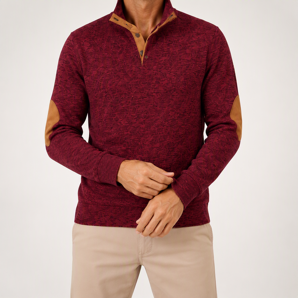 Wilson | Mens Knit Cardigan Stand Collar Long Sleeve Casual Shirt, Wine Red