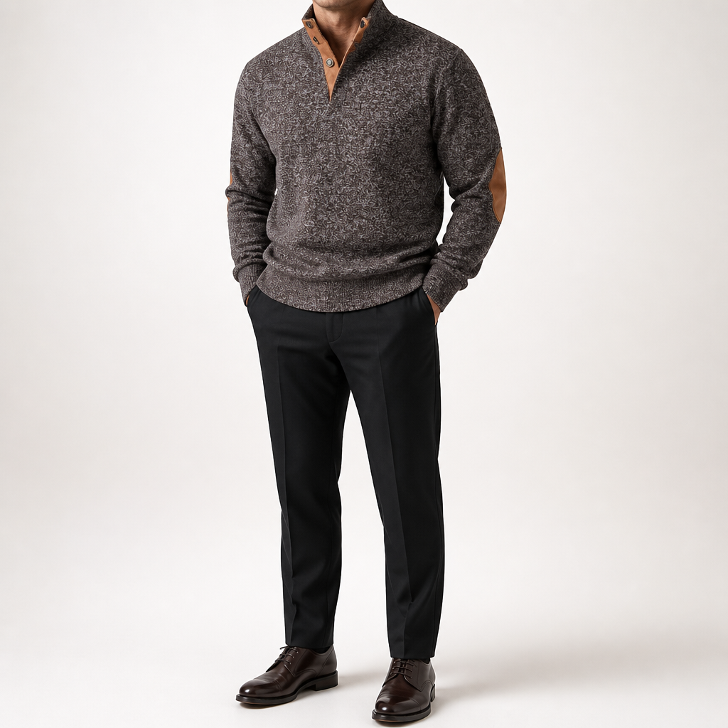 Wilson | Mens Knit Cardigan Stand Collar Long Sleeve Casual Shirt, Brown