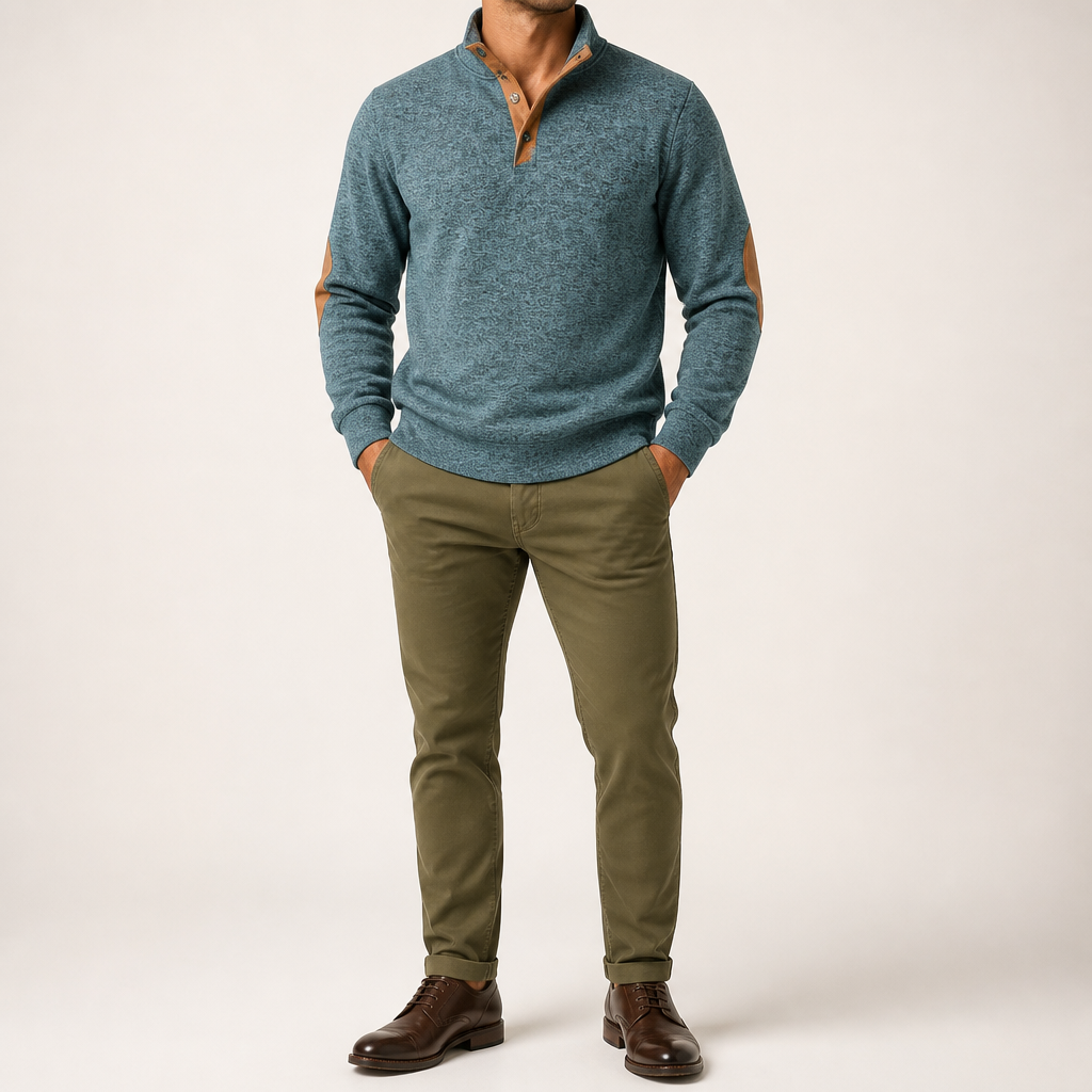 Wilson | Mens Knit Cardigan Stand Collar Long Sleeve Casual Shirt, Denim Blue