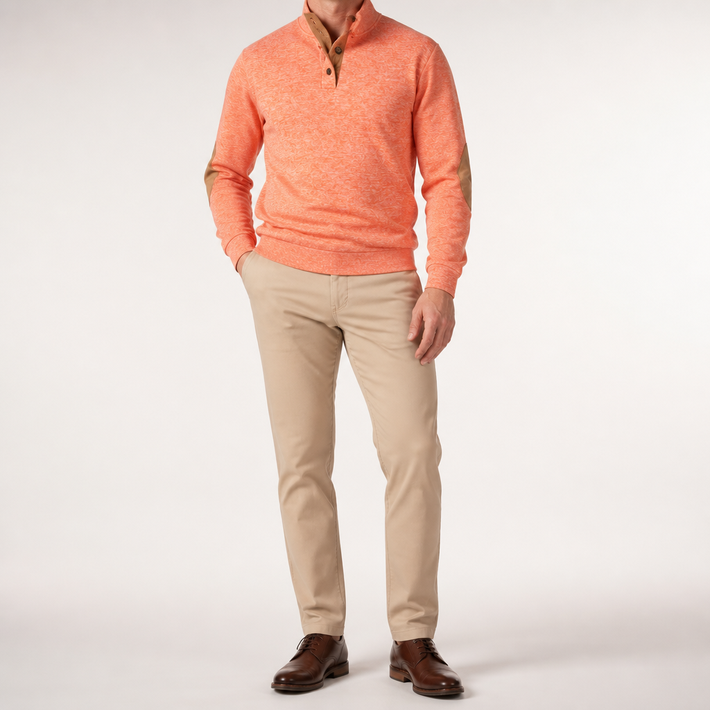Wilson | Mens Knit Cardigan Stand Collar Long Sleeve Casual Shirt, Orange
