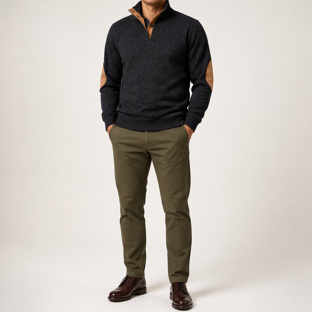Wilson | Mens Knit Cardigan Stand Collar Long Sleeve Casual Shirt, Black