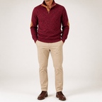 Wilson | Mens Knit Cardigan Stand Collar Long Sleeve Casual Shirt, Wine Red
