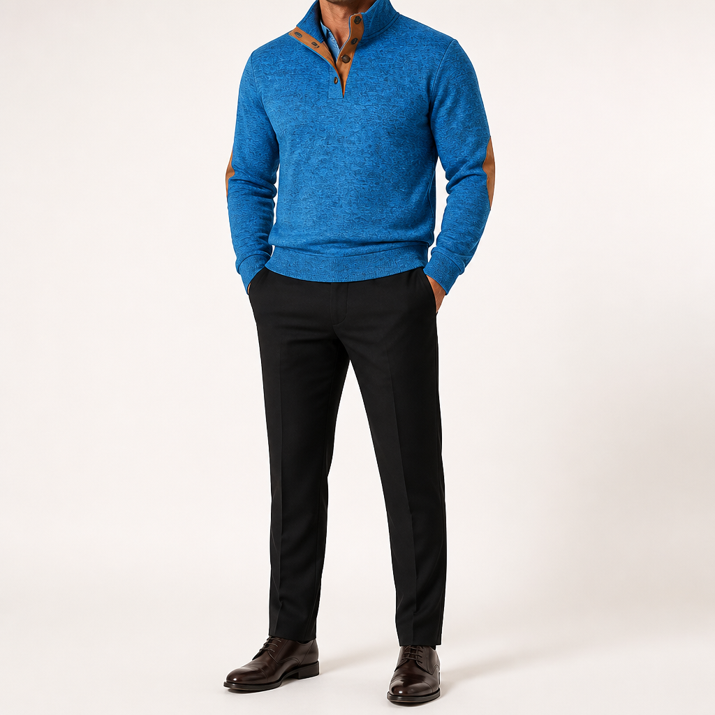 Wilson | Mens Knit Cardigan Stand Collar Long Sleeve Casual Shirt, Blue
