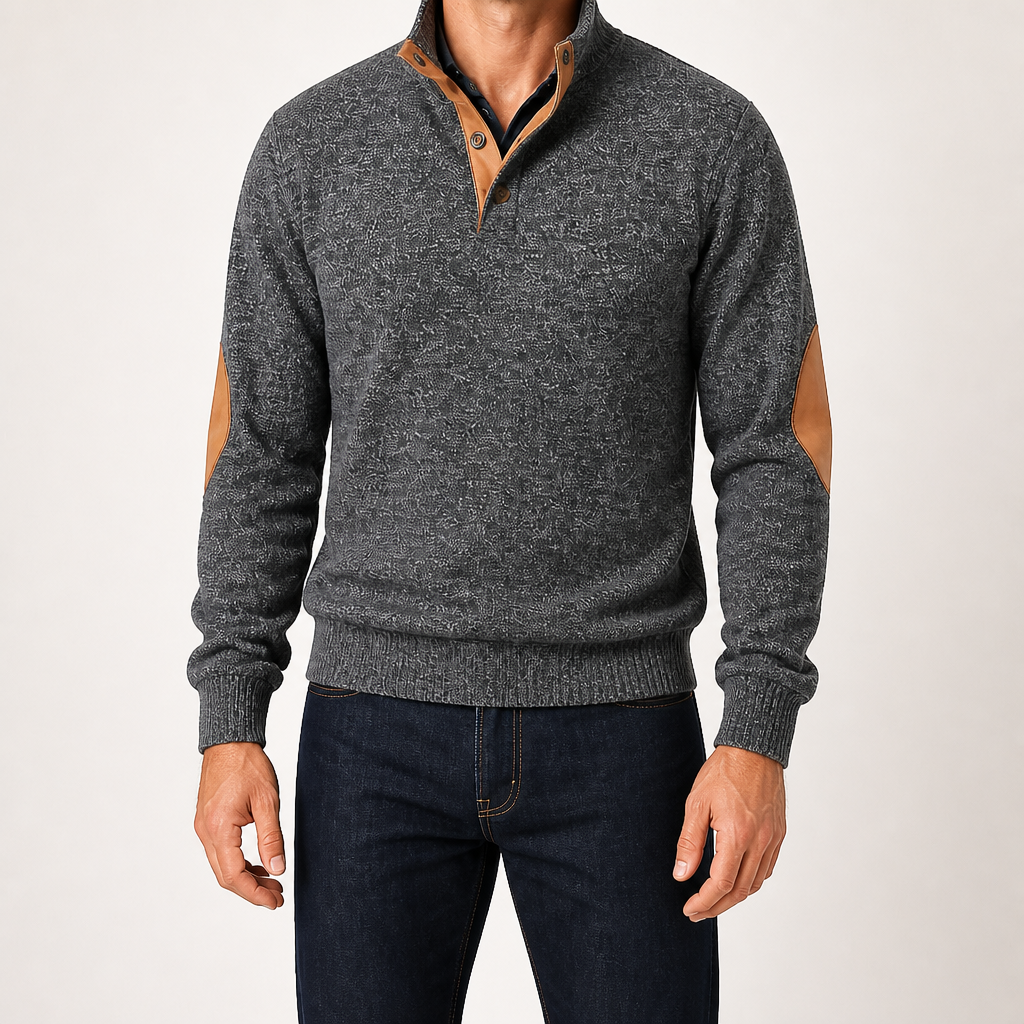 Wilson | Mens Knit Cardigan Stand Collar Long Sleeve Casual Shirt, Black Grey