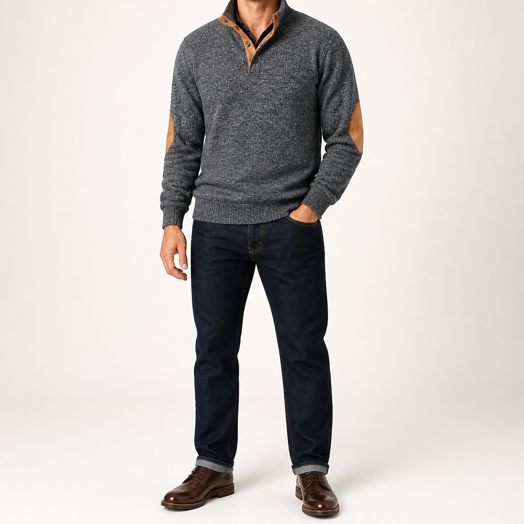 Wilson | Mens Knit Cardigan Stand Collar Long Sleeve Casual Shirt, Black Grey