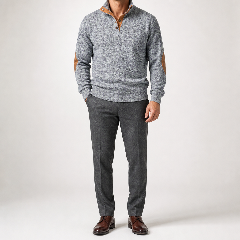 Wilson | Mens Knit Cardigan Stand Collar Long Sleeve Casual Shirt, Light Grey