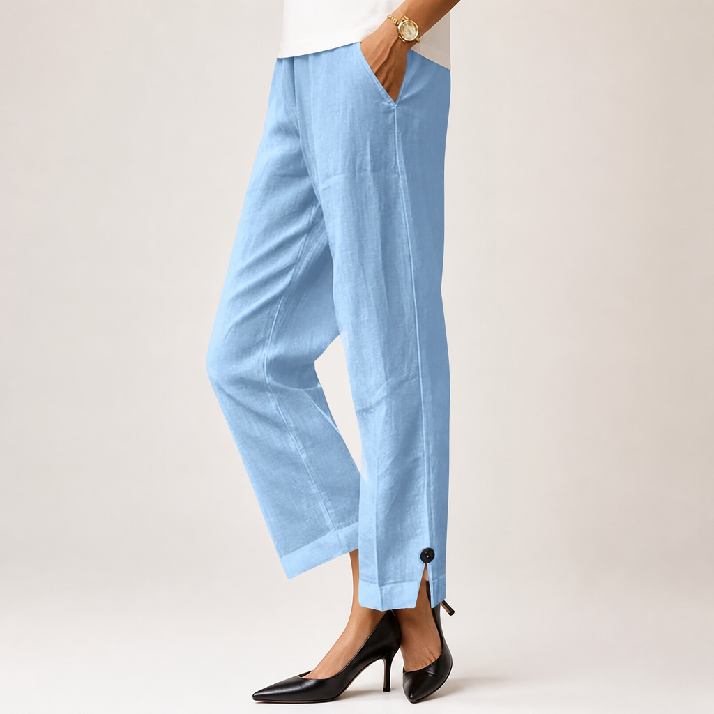 Wren | Womens Cotton Linen Elastic Waist Cropped Trousers Pants, Light Blue