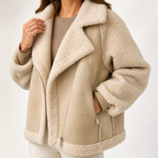 Wren | Womens Suede Sherpa Biker Cropped Winter Autumn Wool Jacket, Apricot