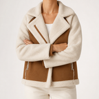 Wren | Womens Suede Sherpa Biker Cropped Winter Autumn Wool Jacket, Khaki