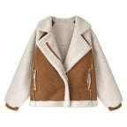 Wren | Womens Sherpa Suede Biker Winter Autumn Cropped Soft Shell Wool Jacket - Khaki