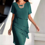 Yara | Womens Chiffon Patchwork Round Neck Short Sleeve Wedding Guest Dresses - 2