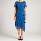 Yara | Womens Wedding Guest Chiffon Round Neck Short Sleeve Dresses, Blue
