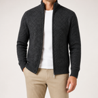 Zach | Mens Stand Collar Zip Up Knit Cardigan Sweater, Dark Grey