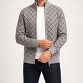 Zach | Mens Stand Collar Zip Up Knit Cardigan Sweater, Light Grey