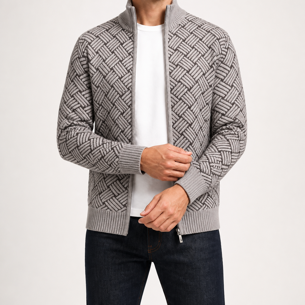 Zach | Mens Stand Collar Zip Up Knit Cardigan Sweater, Light Grey
