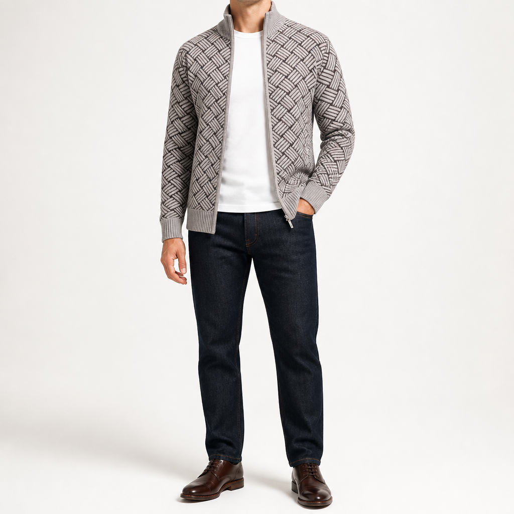 Zach | Mens Stand Collar Zip Up Knit Cardigan Sweater, Light Grey