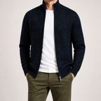 Zach | Mens Stand Collar Zip Up Knit Cardigan Sweater, Navy Blue
