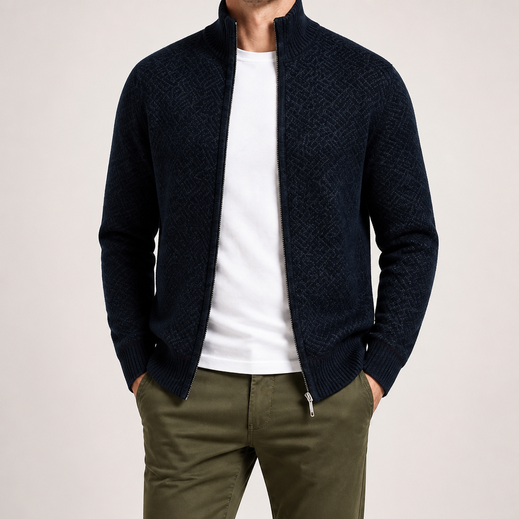 Zach | Mens Stand Collar Zip Up Knit Cardigan Sweater, Navy Blue